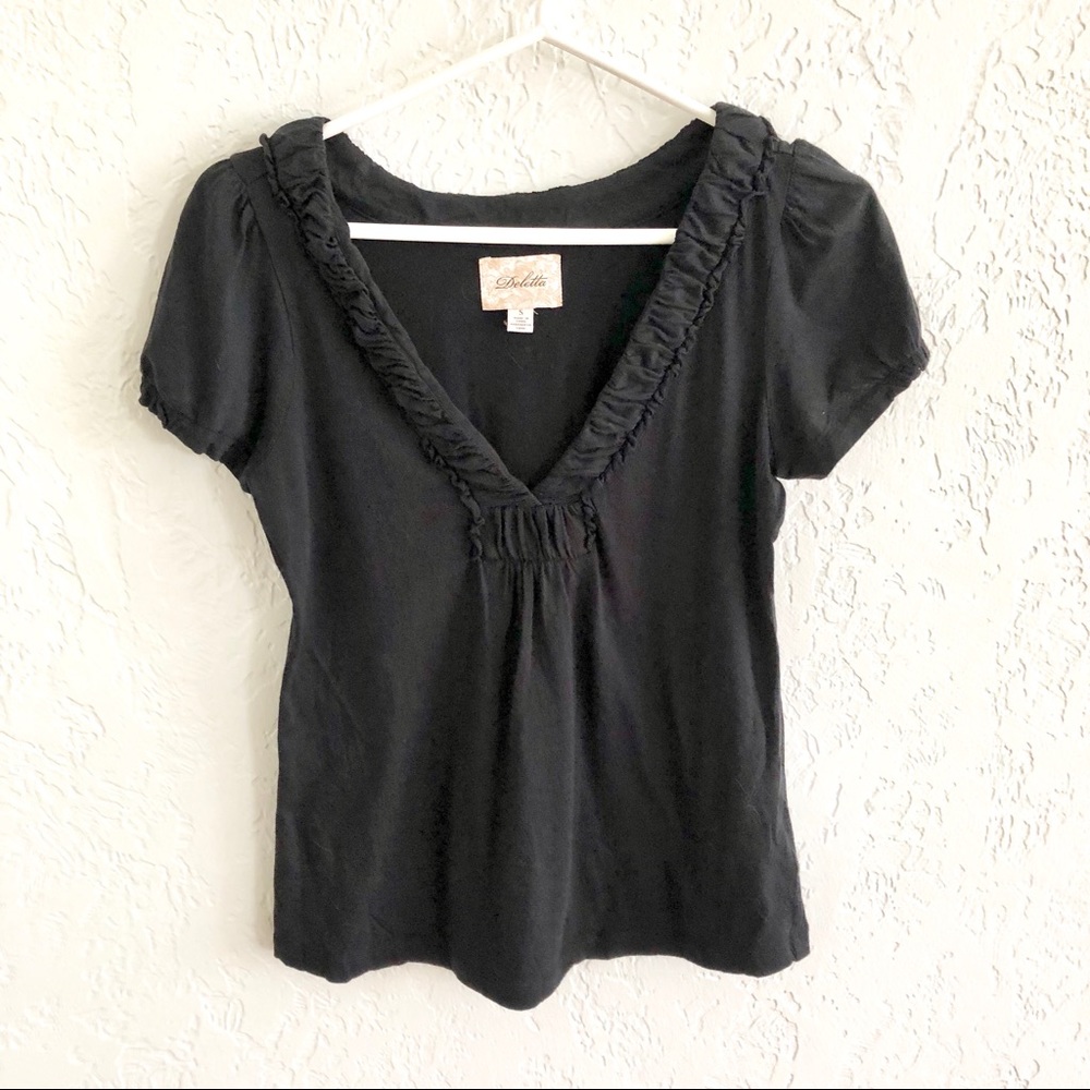 ANTHRO DELETTA Black Shirred V Neck Blouse Black S